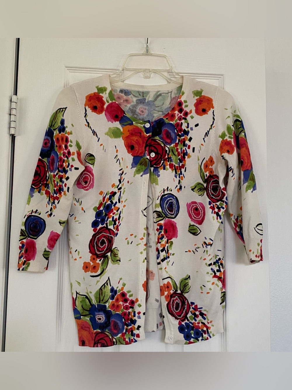 Off-White Floral Button Cardigan - Vibrant Multicolor Beaded Roses